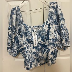 Blue Floral Sweetheart Neckline Puff-Sleeve Smocked Back Top